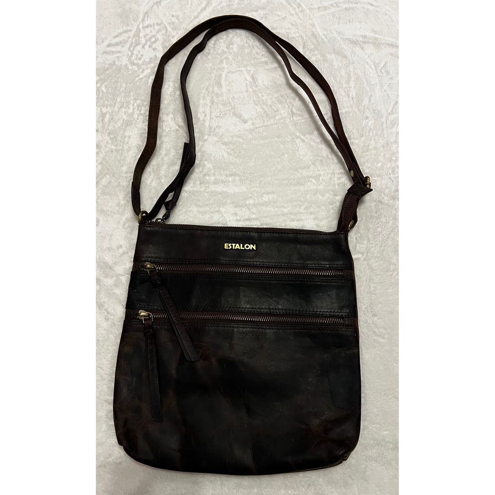 ESTALON Dark Brown Genuine Leather Crossbody‎ Zip Front Pockets Adjustable Strap